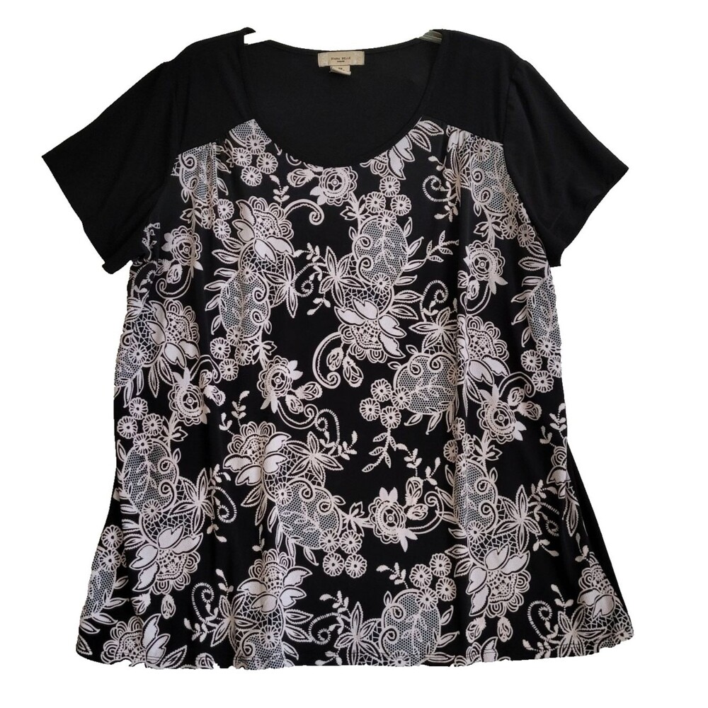 Vintage Diana Belle Top Women’s 3X Black Floral Short Sleeve Whimsical Goth Boho